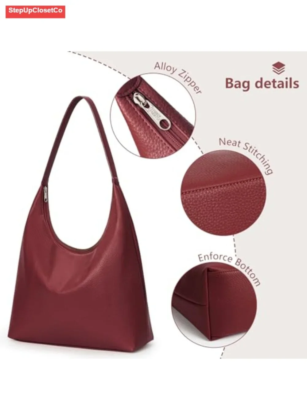 Slouchy Tote Bag 18L Casual Vegan Leather Crescent Hobo Zipper